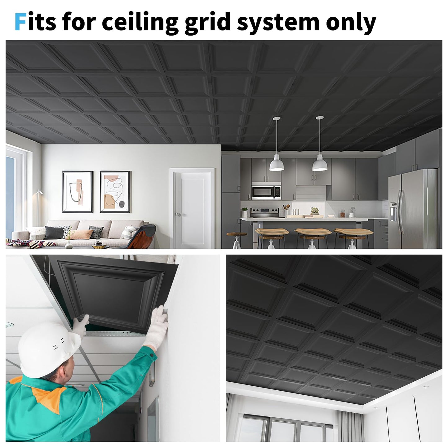 Art3d 12-Pack Square Black Drop Ceiling Tile 2ft x 2ft, PVC Ceiling Panel 24 x 24in.