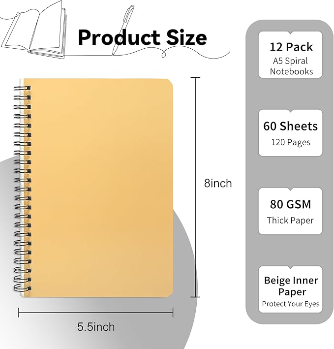 miikoul 12 Pack A5 Spiral Lined Notebooks, 8.3" X 5.5", 60 Sheets/120 Pages Wide Ruled Notebook Spiral Journals Bulk Paper Cover Notepad 12 Colors for Students Taking Class Notes Home Office Gift