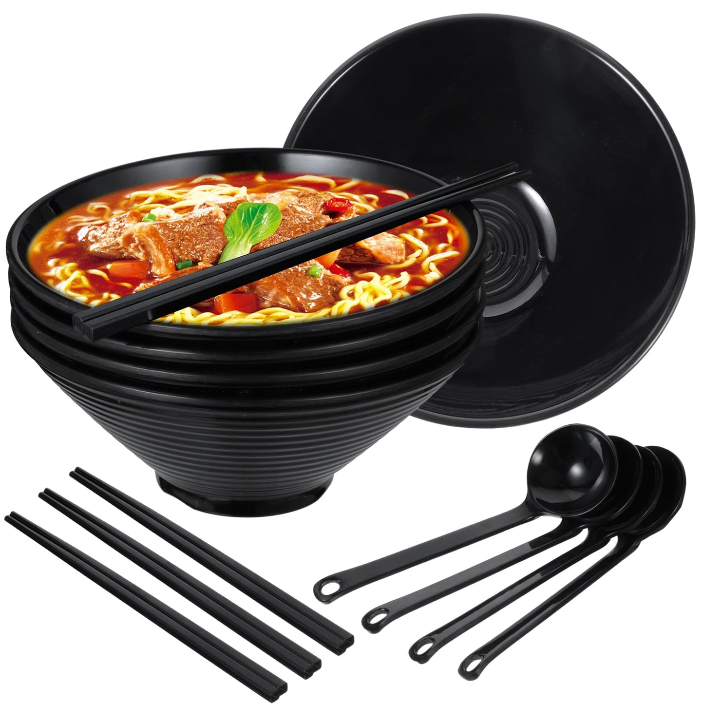 Kenaoeoe Ramen Bowl Set 40 oz of 4 with Chopsticks Spoons, Unbreakable Japanese Style Plastic Noodle Soup Bowls for Asian Pho Soup Thai Miso Udon Wonton