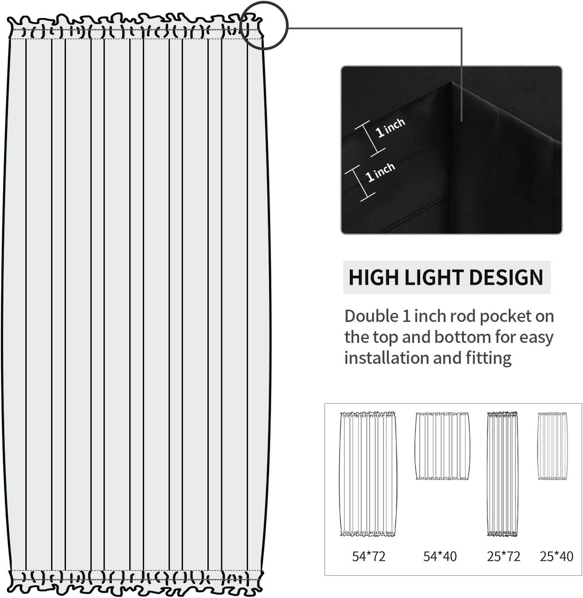 DWCN French Door Curtains – Rod Pocket Thermal Blackout Curtain for Doors with Glass Window, Kitchen and Patio Doors for Privacy, 25 X 40 Inch Length, 1 Curtain Panel with Tieback, Black