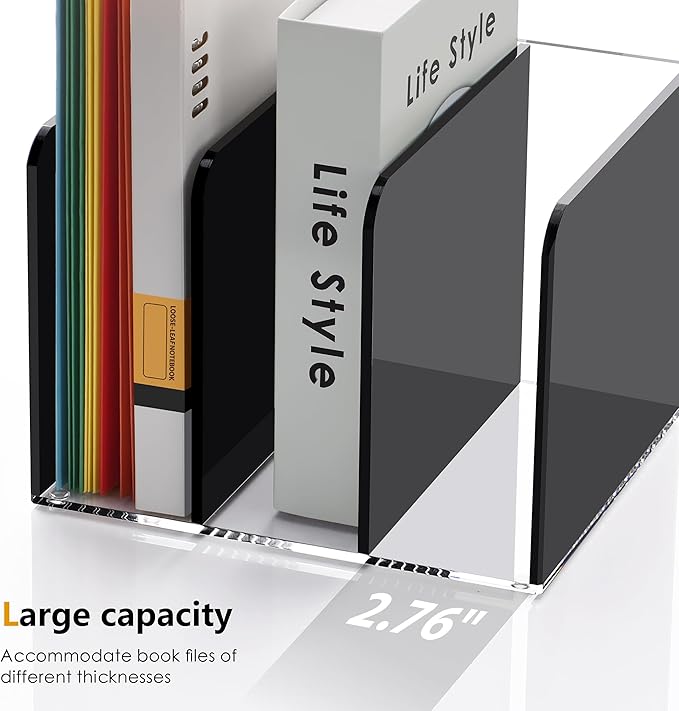 Acrylic Magazine File Holder Desktap Organizer Folder Rack Workspace Sorters, Bookend File Sorter Holder Office Accessories Organization Storage 3 Vertical Compartments, Black