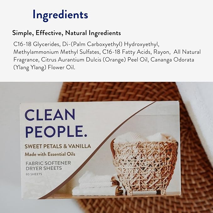 The Clean People Fabric Softener Sheets - Dryer Sheets - Softens & Removes Static Cling - Vegan Laundry Softener, Essential Oils - Sweet Petals & Vanilla 240 Pack