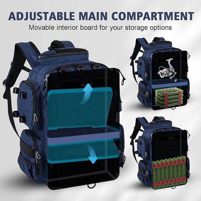 Goture Fishing Backpack,900D Water-Resistant Tackle Backpack with Rod Holders, SBS Zippers,45L Large Fishing Bag Storage Gear Tackle Bag with Rain Cover, Bottle Holder for Travel Camping Hiking