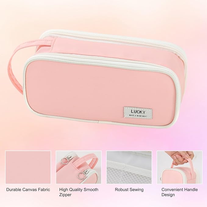 Pencil Case Large Zipper Pencil Pouch for Girls Kids Teens Adults Aesthetic Pencil Bag Stationery Organizer Pencil Case with Handle for School Pink