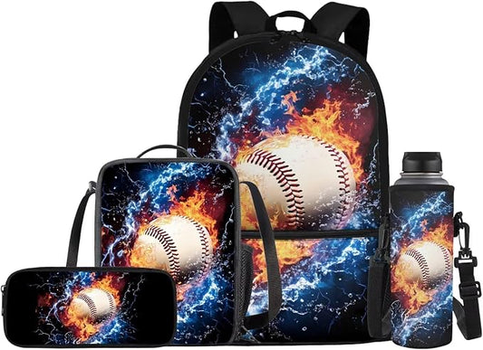 Baseball Backpack for Boys School Bag with Lunch Bag Pencil Case and Water Bottle Holder 4 PCS Girls Daypack Waterproof Bagpack Back to School Accessories