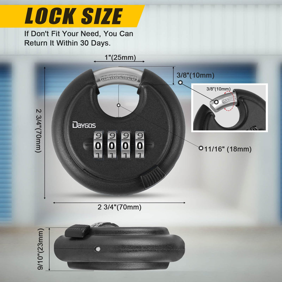 DAYGOS Combination Disc Padlocks for Outdoor - Heavy Duty 4 Digit Code Lock, Combo Discus Lock for Storage Unit,Gate,Fence,Traile(3/8-in Shackle,1PCS,Black)