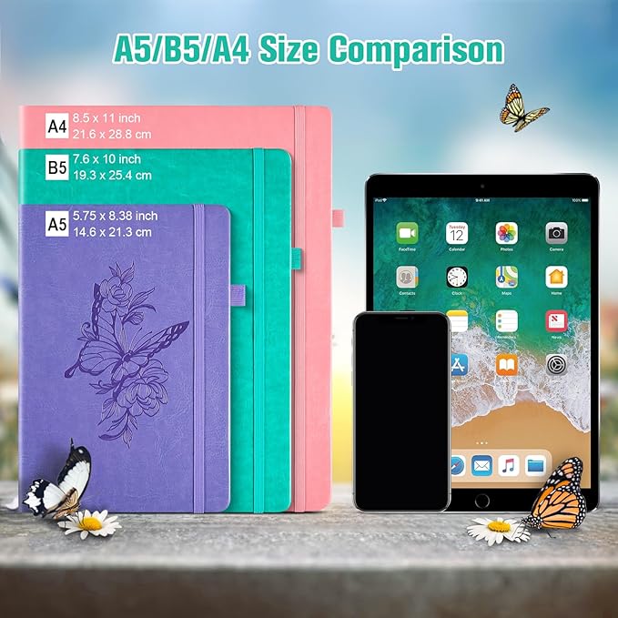 Lined Notebook Journal for Women Men, 312 Numbered Pages A5 Thick Leather Journal for Writing, Daily Journal for Work School, Hardcover College Ruled Notebook, Butterfly Floral Notebook, Peacock Blue