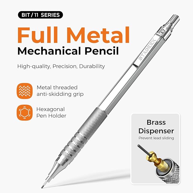 25PCS Art Mechanical Pencil Set, 3PCS Metal lead pencil 0.5, 0.7, 0.9, 2PCS 2mm Drawing Pencil (HB 2H 2B 4B Color) with 392PCS Graphite Leads, Eraser with Case for Drafting Drawing Writing