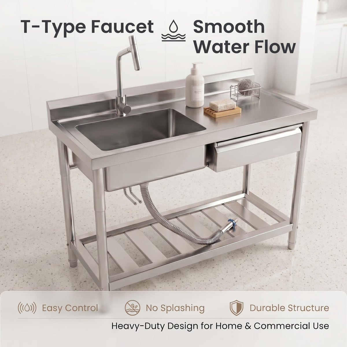 Freestanding Utility Sink 47" x 20" x 37", Left Side Single Bowl with Right Side Countertop and Storage Drawer, Stainless Steel Laundry Sink with T Shape Faucet, Workbench for Garage or Laundry Room