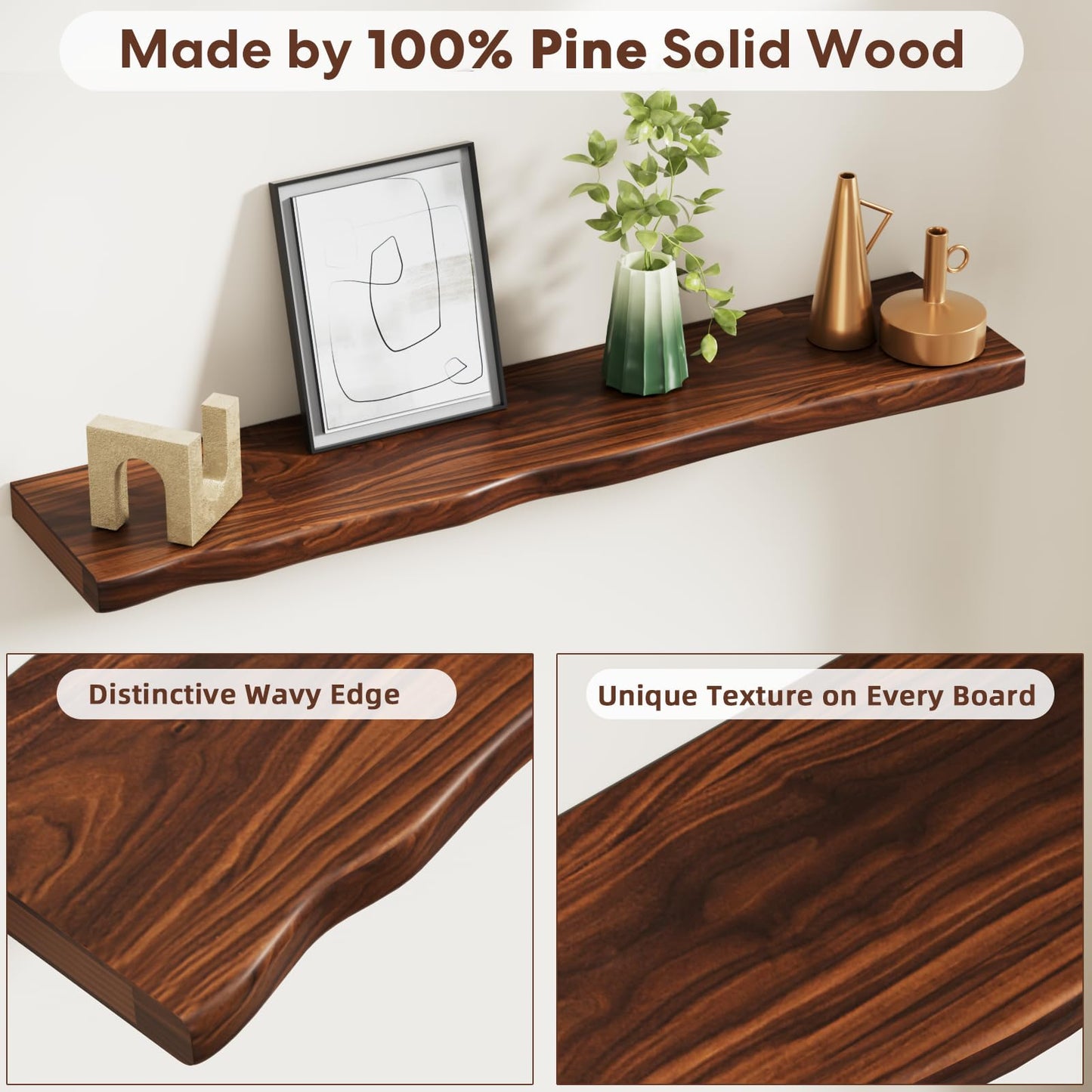 Avytronx Solid Wood Live Edge Floating Shelves Set of 2 – 36" Rustic Wall Shelf with Hidden Bracket System, Wall Mounted Shelves for Bathroom, Kitchen, Living Room, Bedroom (Walnut)