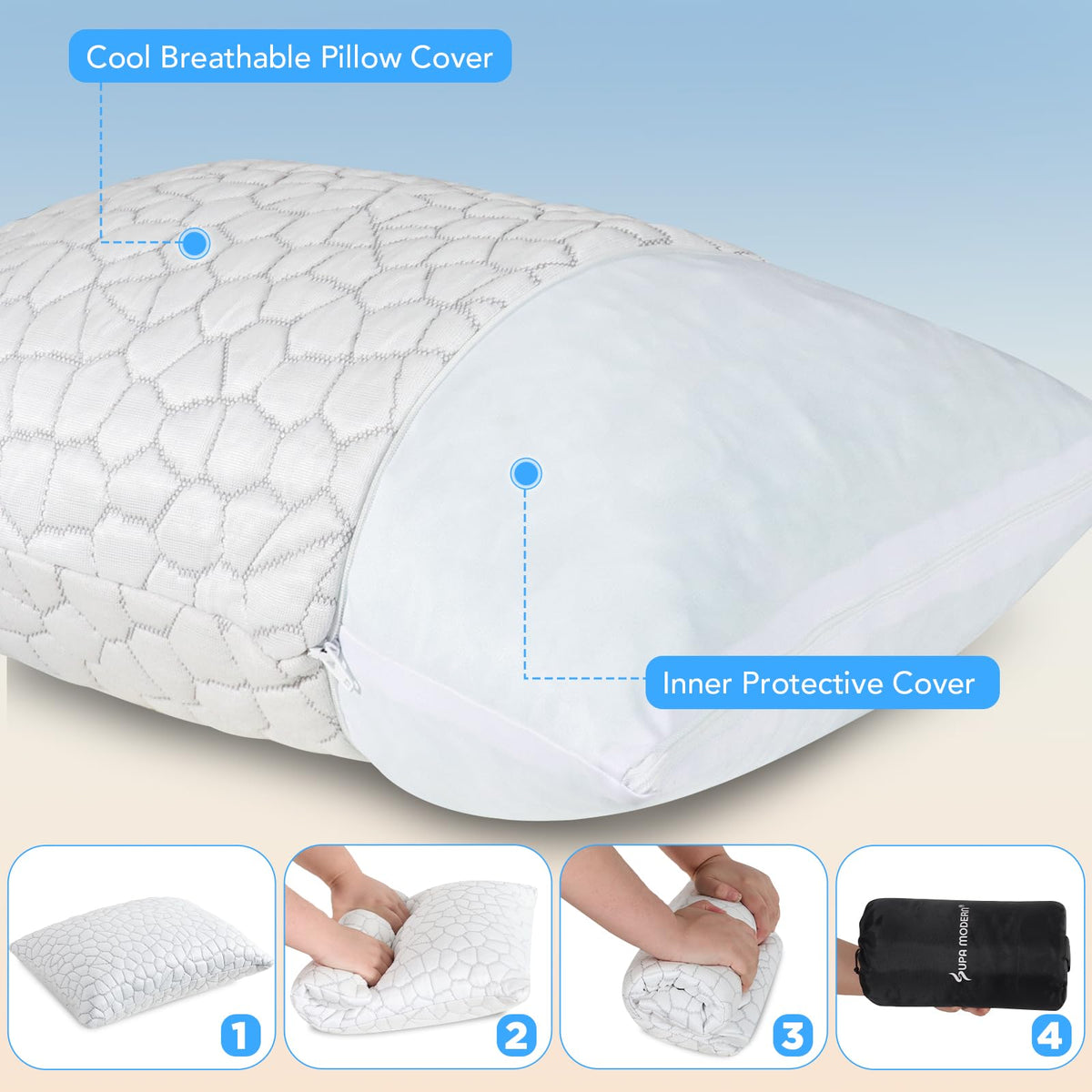 Cooling Bed Pillows for Sleeping 1 Pack Small Shredded Memory Foam Pillow Camping Pillow Travel Pillow - Compressible Medium Firm, Breathable Cover, ldeal Backpacking Hiking, Airplane and Car