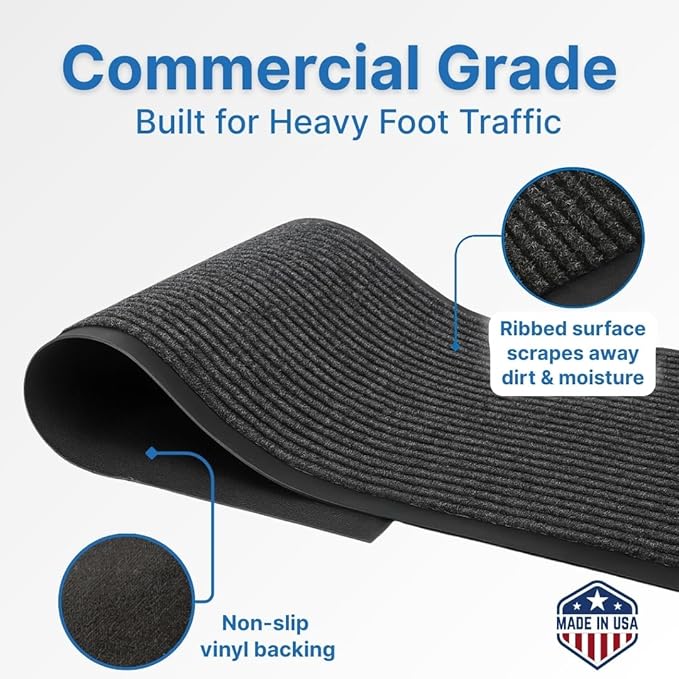 Consolidated Plastics Brush Dry Rug - Made in USA, Heavy-Duty Commercial DoorRug for Indoor/Outdoor Entryways, Non-Slip Backing for High-Traffic Areas (3' W x 5' L, Charcoal)