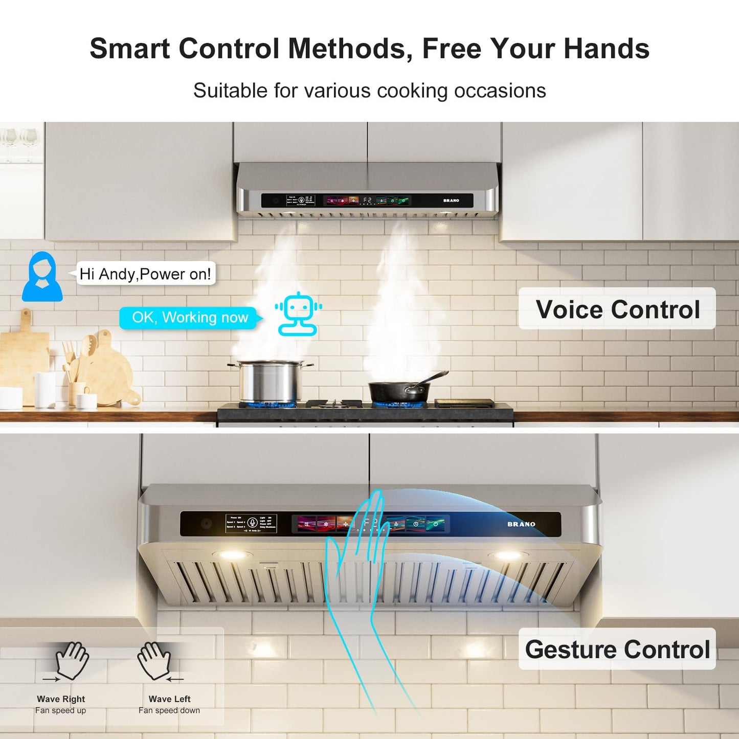 BRANO 30 Inch Under Cabinet Range Hood with Voice/Gesture/Touch Control, 900 CFM Kitchen Vent Hood with 4-Speed Exhaust Fan, Stainless Steel Stove Hood with LED Lights, Baffle Filters