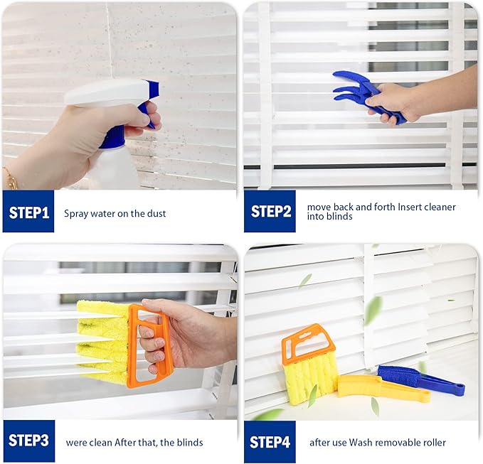2Pcs Window Venetian 7 Finger Blind Cleaner Duster Tool and 2Pcs dust-Removing Brushes（Orange,Yellow, Blue）