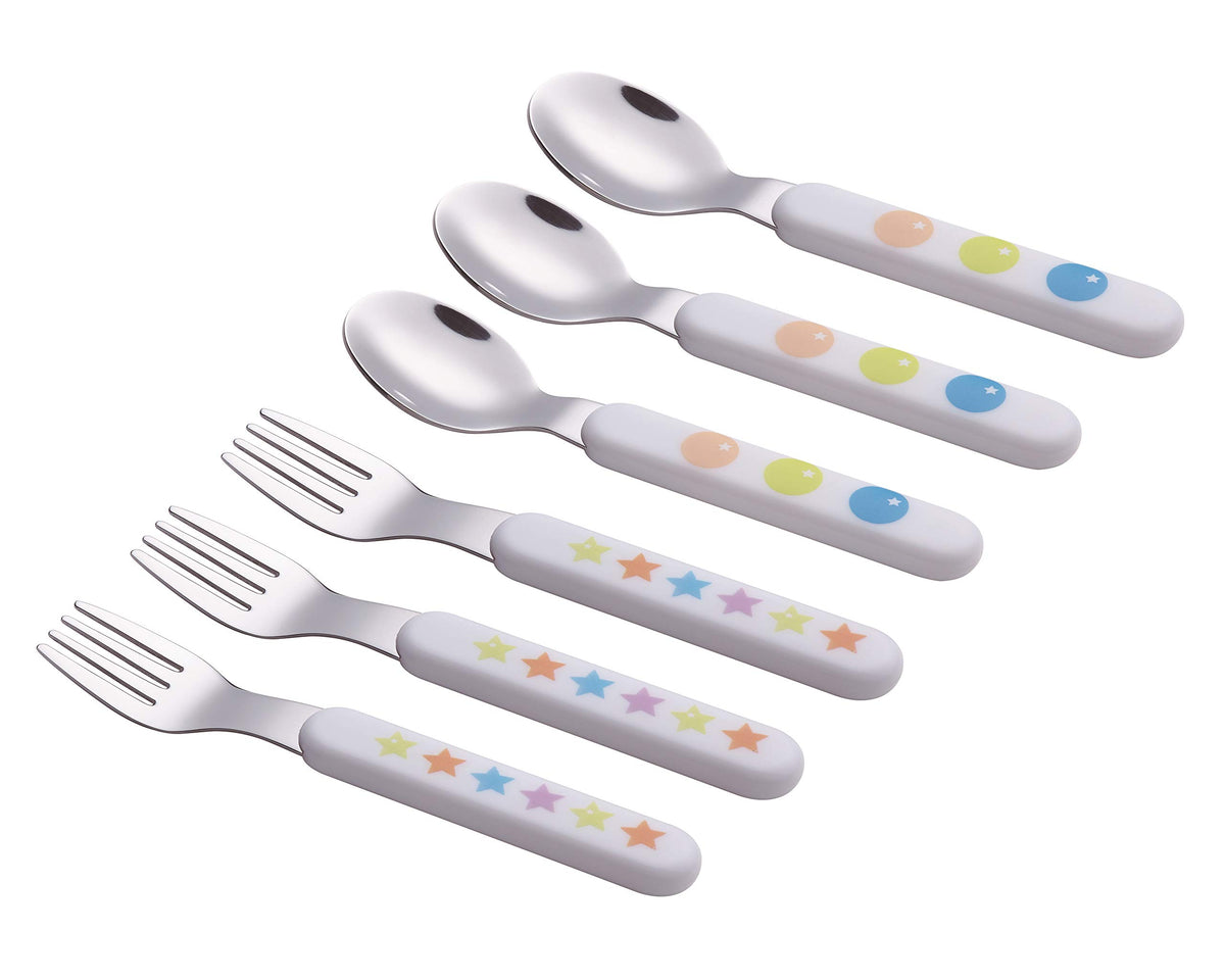 EXZACT Kids Flatware 6pcs Stainless Steel 18/10 Toddler Utensils Flatware- 3 x Forks, 3 x Spoons- BPA Free, Dishwasher Safe - 12 M+ - Stars & Dots