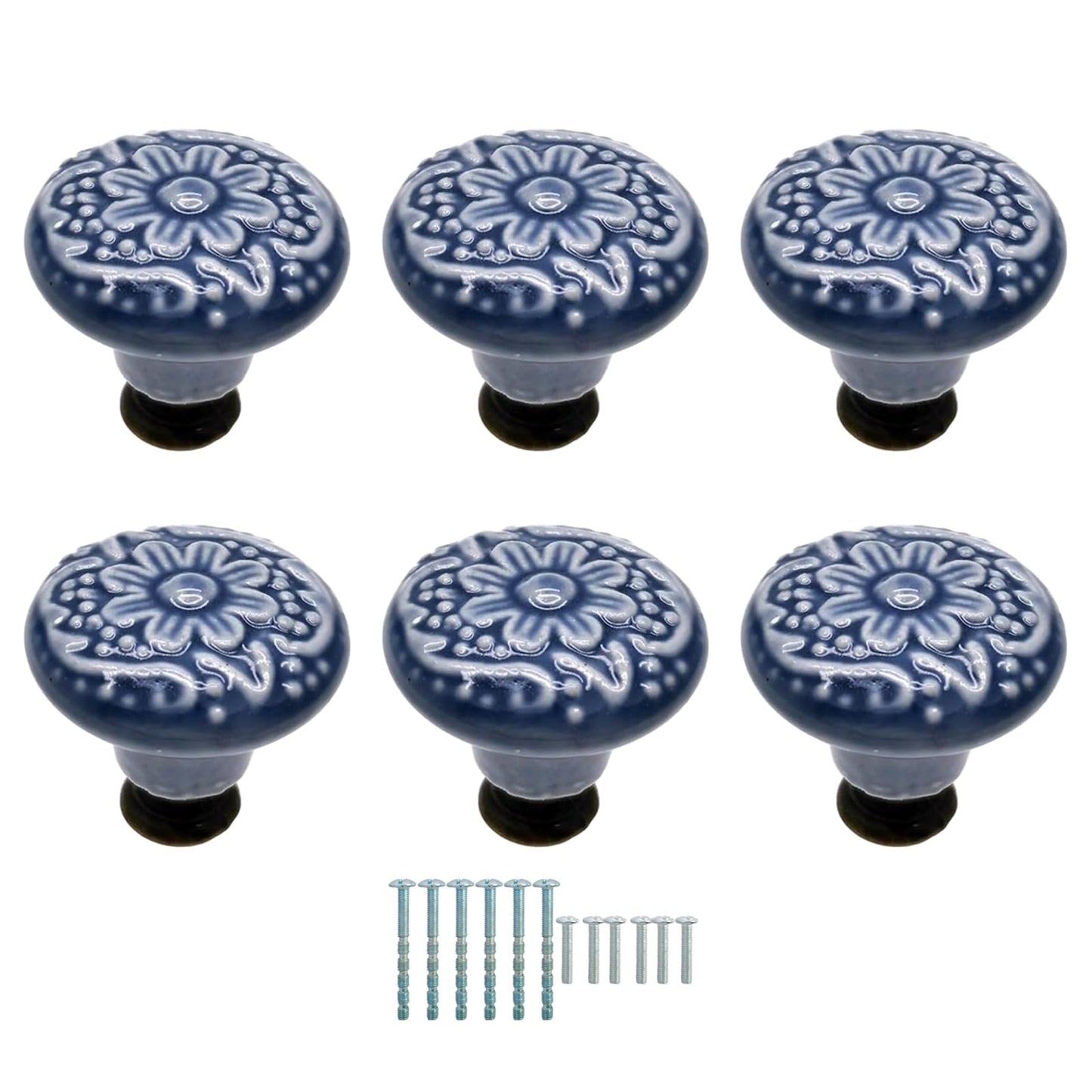 Eledabra 6 Pcs Blue Ceramic Kitchen Cabinet Knobs, Retro Ceramic Dresser Knobs, Closet Door Knobs Handles for Cabinet, Drawer, Cupboard