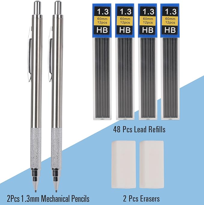 1.3 mm Mechanical Pencil Set with 4 Tubes Lead Refills,2 Eraser,1.3mm Mechanical Pencils,Metal Drafting Pencil, Lead Holder,Drawing Mechanical Pencils,Carpenter Pencils for Marking, Sketching