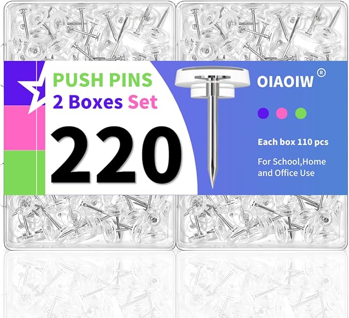 220 PCS Flat Clear Push Pins for Wall Thumb Tacks for Walls Flat thumbtacks Push pin for Bulletin Board Shadow Box Display Thumbtack for Cork Board (2 Boxes Clear)