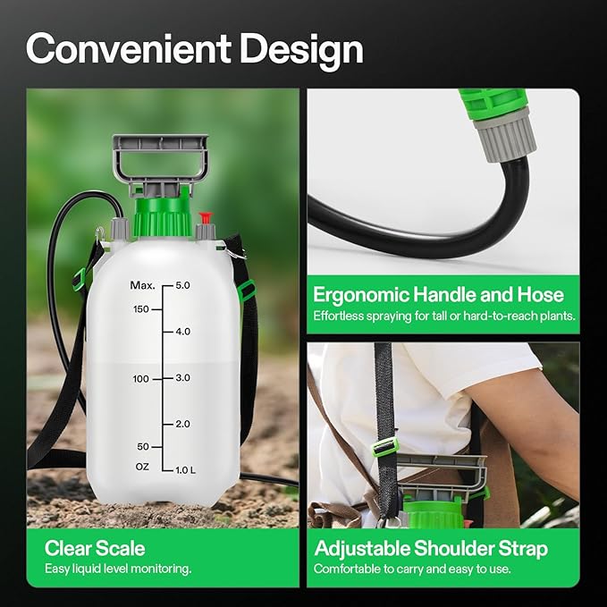 VIVOSUN 1.35 Gal/5L Pump Sprayer, Garden Water Sprayer for Plants, Weeds & Lawn Care, with 3 Nozzles, 50'' Long Hose & Pressure Relief Valve