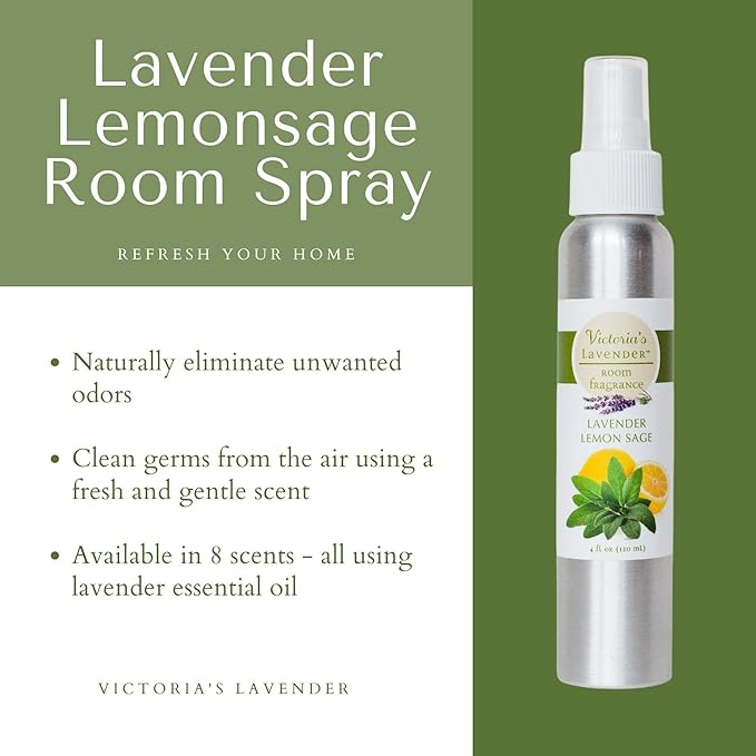 Victoria's Lavender Room Spray - All Natural Home Freshener, Essential Oil Concentrated Air Freshener, Bathroom Odor Eliminator, Luxury Room Spray Made in the USA, 1-Pk Lavender Lemon Sage, 4 oz