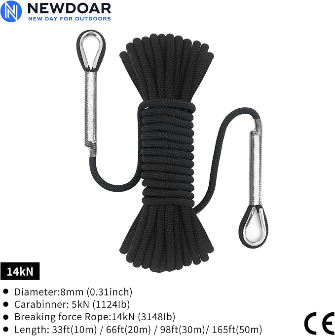NewDoar 14KN Static Climbing Rope 8mm(5/16in) Accessory Cord Equipment 33FT(10M) 66FT(20M) 98FT(30M) 165FT(50M) Escape Rope with 2 Carabiners for Ice Climbing Equipment Fire Rescue Rope-Black/30M