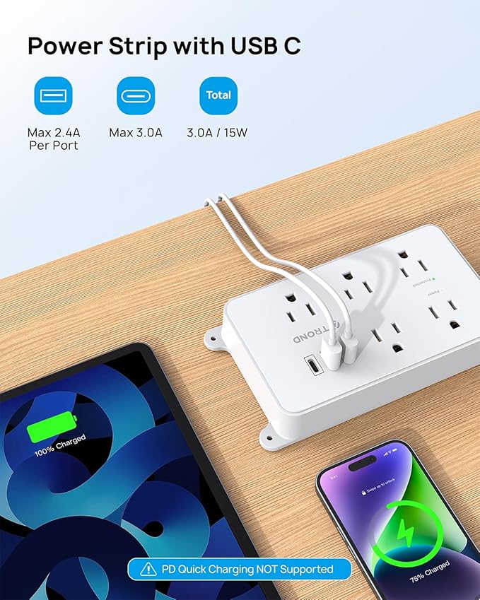 TROND Power Strip with USB, Surge Protector Flat Plug with 5 Widely-Spaced Outlets and 3 USB Ports, ETL Listed, 1300J, Wall Mountable, 5ft Extension Cord, for Office Kitchen, White