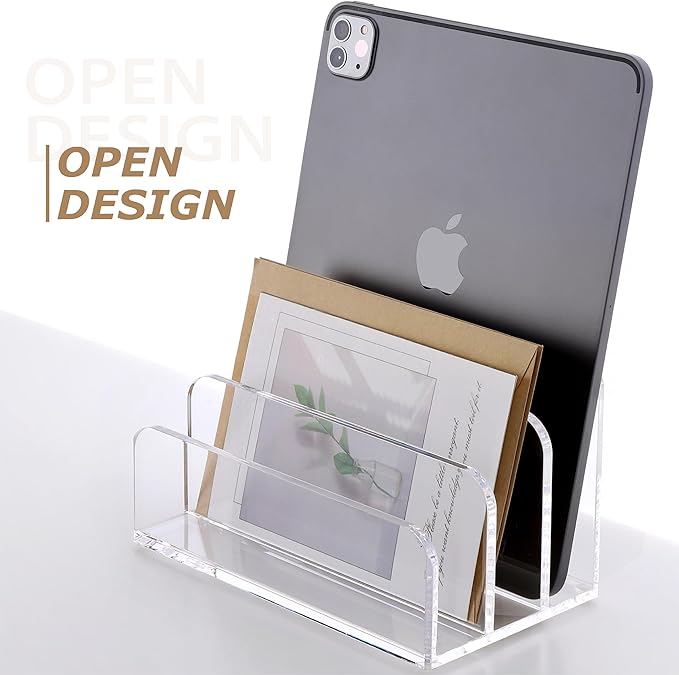 SANRUI Acrylic File Mail Desktop Organizer Sorters,3 Compartments Laddered Clear Desk Letter Organizer Office Document Sorter,Multifunction Envelope Folder Racks Holders for Office,Home, School