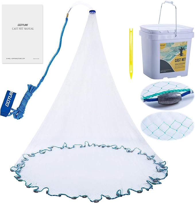 Goture American Fishing Cast Net Saltwater Freshwater, Heavy Duty Sinker, Dual Color Double Selvage, Increased Cast Net Area, 3/8 Mesh Fish Throw Cast Net with Needle for Shrimp Trap, 6Ft Radius