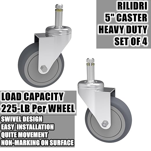 5-Inch Swivel Caster Wheels, 7/16-Inch Stem Diameter Rubber Wheel, Heavy Duty TPR Thermoplastic Rubber Replacement Wheels, 225-lb per Wheel- 4 Pack