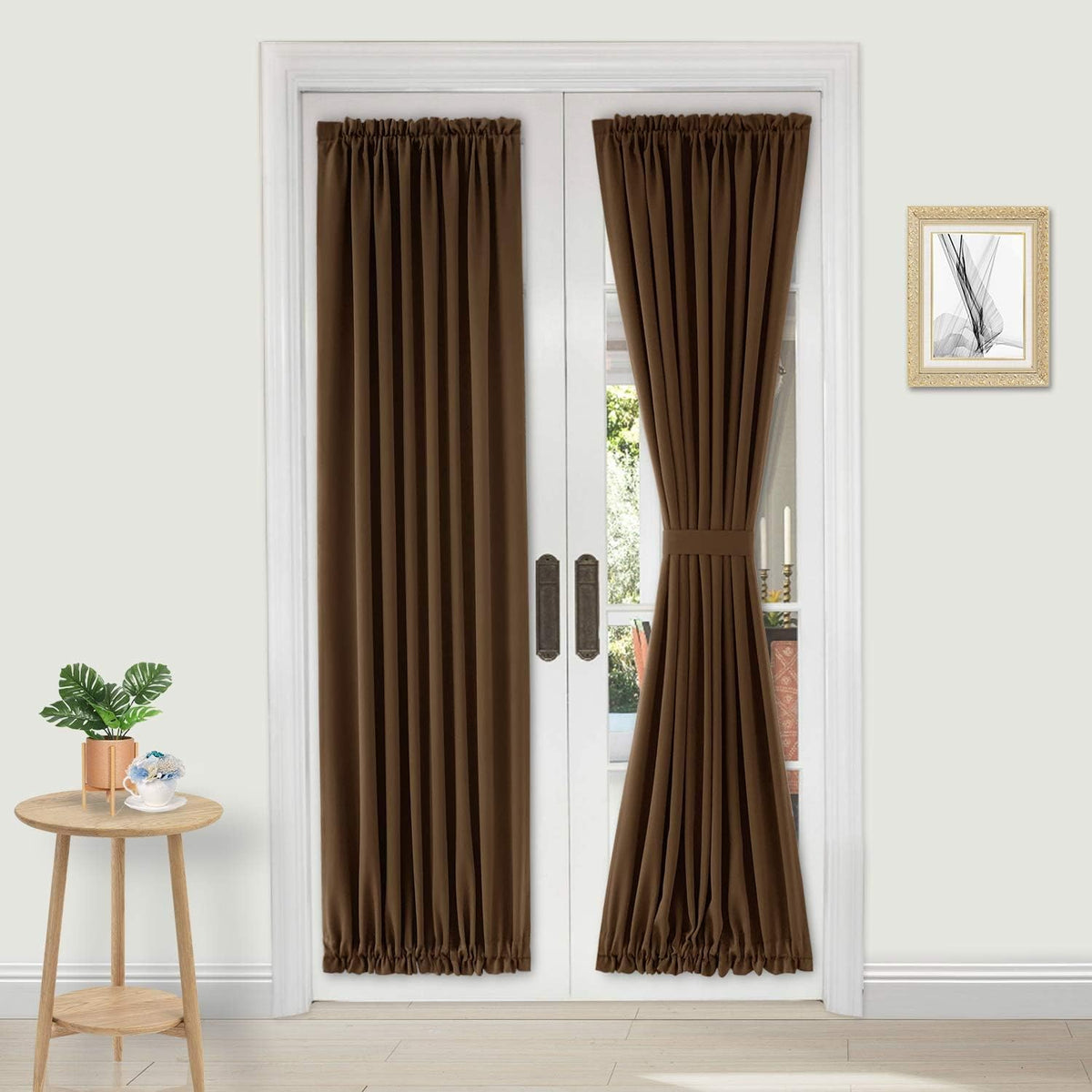 DWCN French Door Curtains â Rod Pocket Thermal Blackout Curtain for Doors with Glass Window, Kitchen and Patio Doors for Privacy, 23 X 72 Inches Long, 1 Curtain Panel with Tieback, Brown