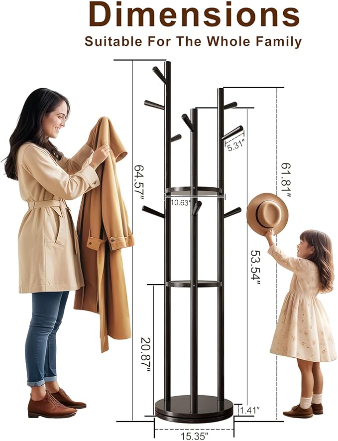 Solid Wood Rotary Coat Rack, Freestanding Coat Rack with 3 Shelves and 9 Hooks, Coat tree for Bedroom, Entryway, Livingroom, Coat Hanger Stand for Coats, Scarves, Handbags (Black)
