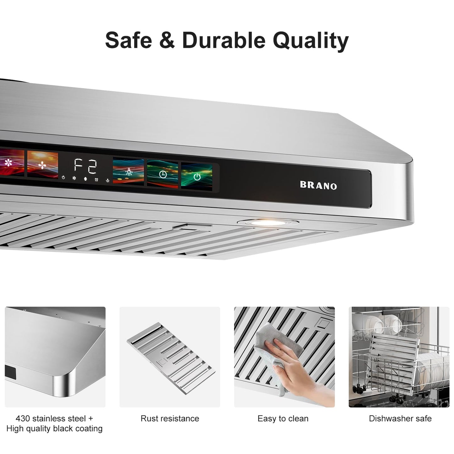 BRANO 30 Inch Under Cabinet Range Hood with Voice/Gesture/Touch Control, 900 CFM Kitchen Vent Hood with 4-Speed Exhaust Fan, Stainless Steel Stove Hood with LED Lights, Baffle Filters