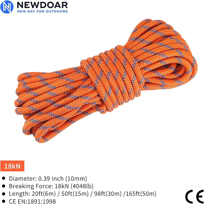 NewDoar 10mm(3/8inch) Accessory Cord Rope CE 24KN Double Braid Pre Cut for Outdoor Survival, Mountaineering, Prusik,Hauling Dragginge(Orange 10mm,20FT)