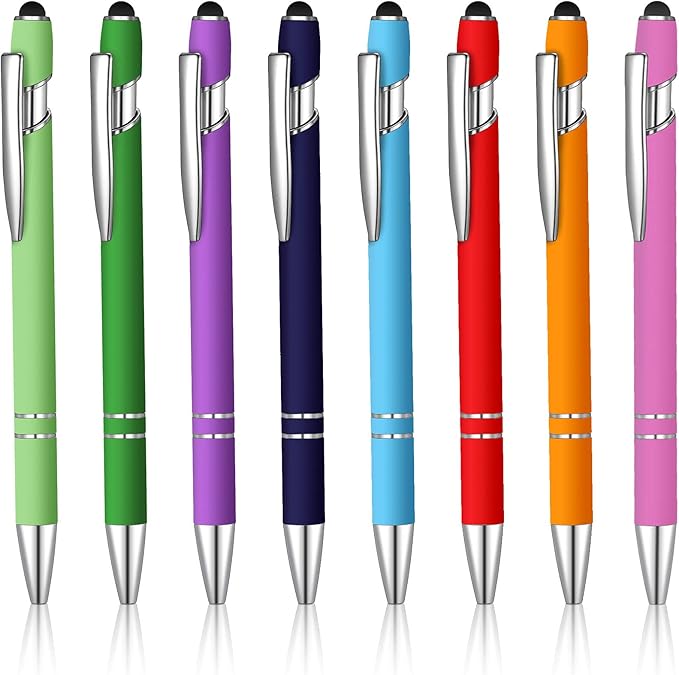 8 Pieces Ballpoint Pen with Stylus Tip Black Ink 2 in 1 Stylus Metal 1.0 mm Medium Point Smooth Pen Rainbow Colorful Rubberized Ballpoint for Touch Screen Tablet(Rainbow Color)