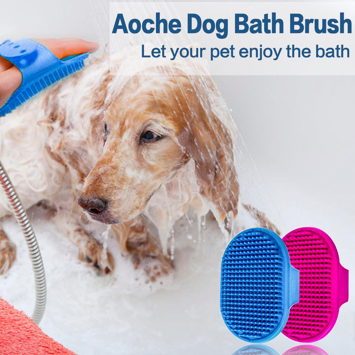 Dog Bath Brush, Aoche Pet Bath Comb Brush Soothing Massage Rubber Comb 2pcs with Adjustable Ring Handle for Long Short Haired Dogs and Cats (blue+rose)