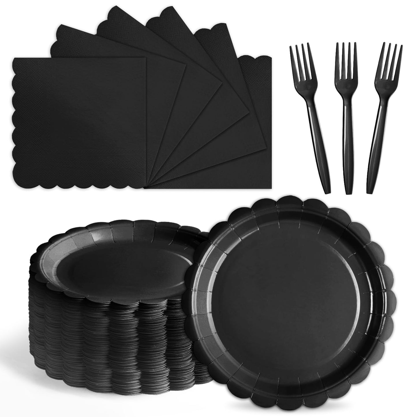 Tyzarglef 105PCS Paper Plates and Napkins Set, 7 Inch Scalloped Disposable Tableware with Forks for Birthdays, Garden Parties & Outdoor Events, Serves 35 (Black)