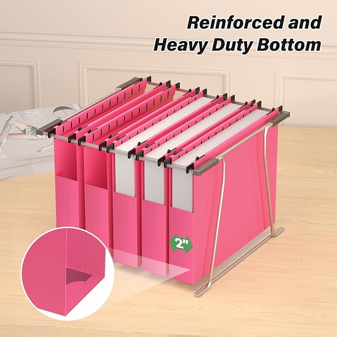 Ansook Plastic Hanging File Folders,Letter Size,Extra Capacity, 2" Expanding Accordian Pocket,Heavy Duty for Filing Cabinet,Hard and Durable Hang Folders Organizer,Letter Size,Pink - 12 Pack