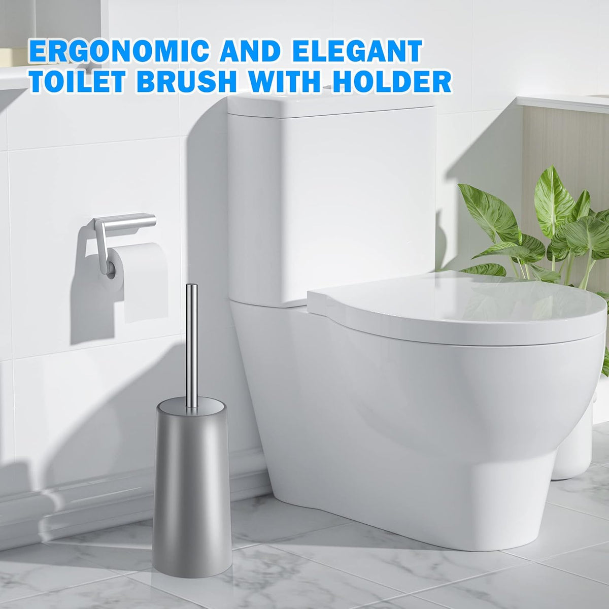 Toilet Brush and Holder, 2 Pack Toilet Brush with 304 Stainless Steel Long Handle, Toilet Bowl Brush for Bathroom Toilet-Ergonomic, Elegant,Durable (Grey)