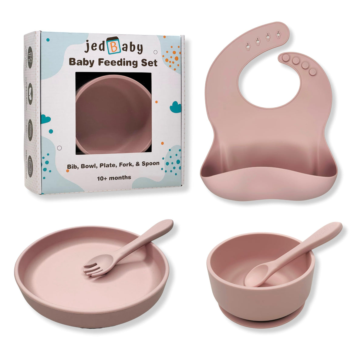 Jedbaby Feeding Set 5pcs (Bib, Plate, Bowl, Fork, Spoon) - Safe, 100% Food Grade Silicone, for Babies & Toddlers 10M+ (Pink)
