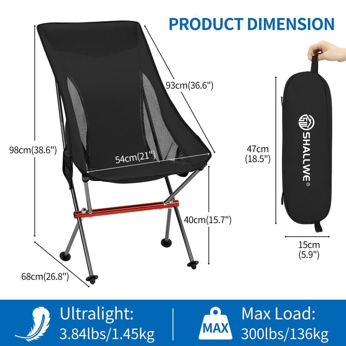 SHALLWE Camping Chairs, All Aluminum Frame Portable Folding Camp Chair for Adults, Heavy Duty Collapsible for Backpacking, Hiking, Beach, Sports (Black)
