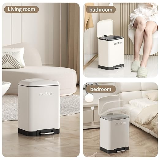 MRBIN Small Bathroom Trash Can with Lid, Metal Step Waste Basket Touchless Soft Close, 6L / 1.6gal Rectangle Garbage Bucket with Stainless Steel Pedal for Kitchen, Office, Bedroom Accessories, White