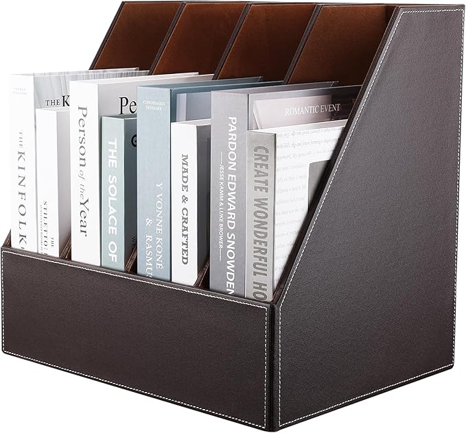 KINGFOM 4-Slot Wood Leather Document Files Holder Rack Stand Desk Files Organizer Papers Collection Cabinet (4 slot brown)