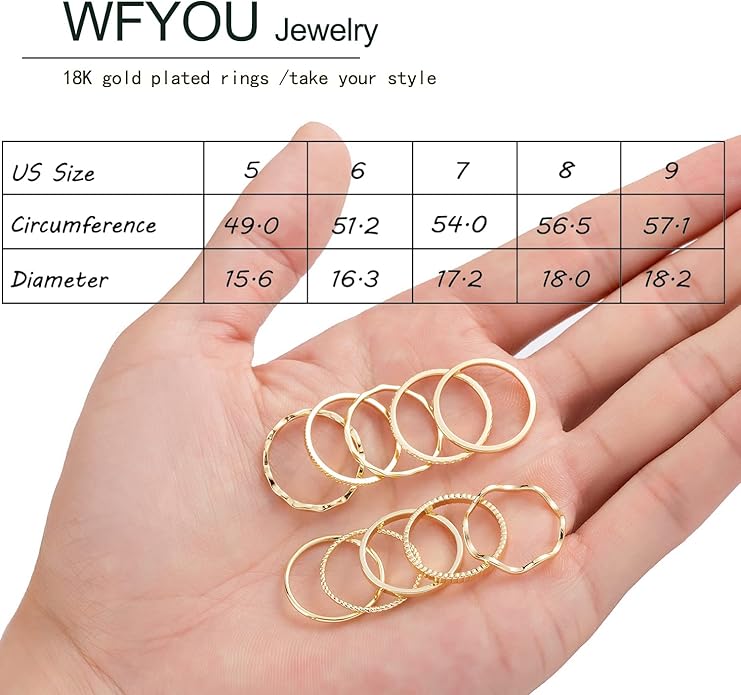 WFYOU 10 Pcs 1-2mm 18K Gold Plated Simple Rings for Women Band Knuckle Stacking Midi Rings Elegant Classic Minimalist Rings Comfort Fit