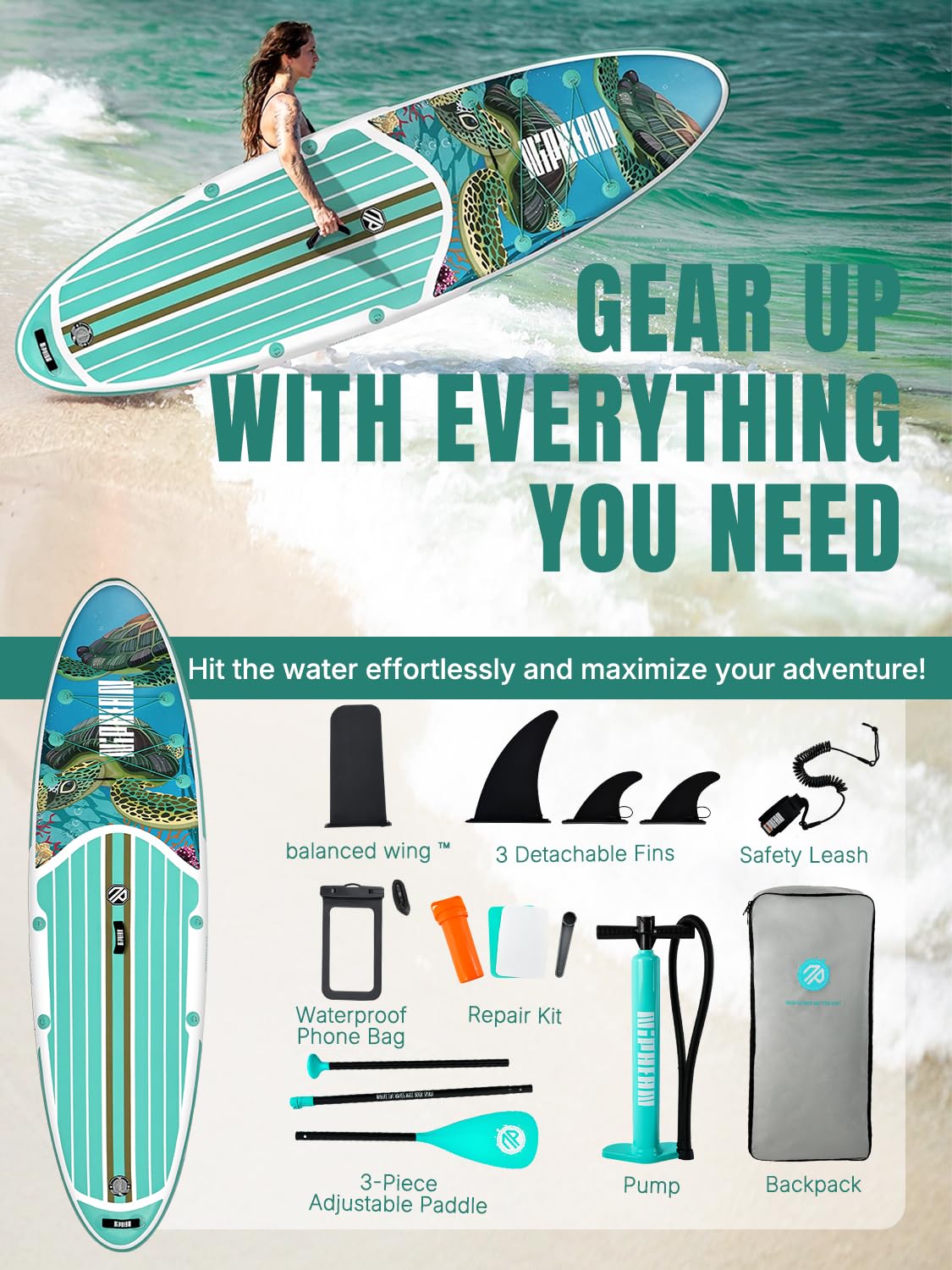 Niphean Inflatable Stand Up Paddle Board with Balanced Wing Design and SUP Accessories, Anti-Slip EVA Deck, 10’6’’ Inflatable Paddle Boards for Adults & Youth of All Skill Levels