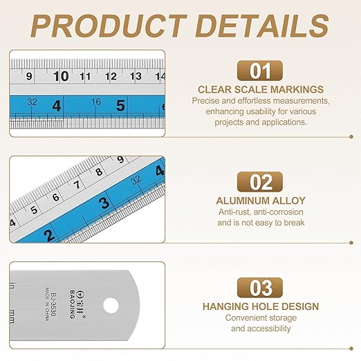 HARFINGTON 2pcs Metal Straight Ruler 30cm Metric SAE Aluminum Alloy Measuring Rulers Scale Tools with Hole for Measure Study Reading Classroom Office, Blue