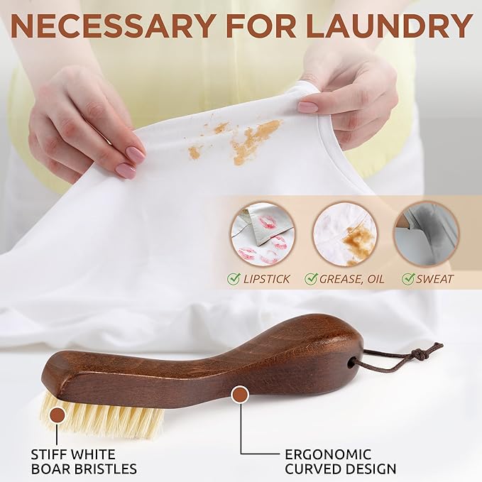 TAKAVU Stain Brush, Laundry Brush for Stain Removal, Natural Boar Bristle Cleaning Brush with Ergonomic Handle, Suitable for Delicate Fabrics Without Damage, Perfect Laundry, Shoes, Boots, Home