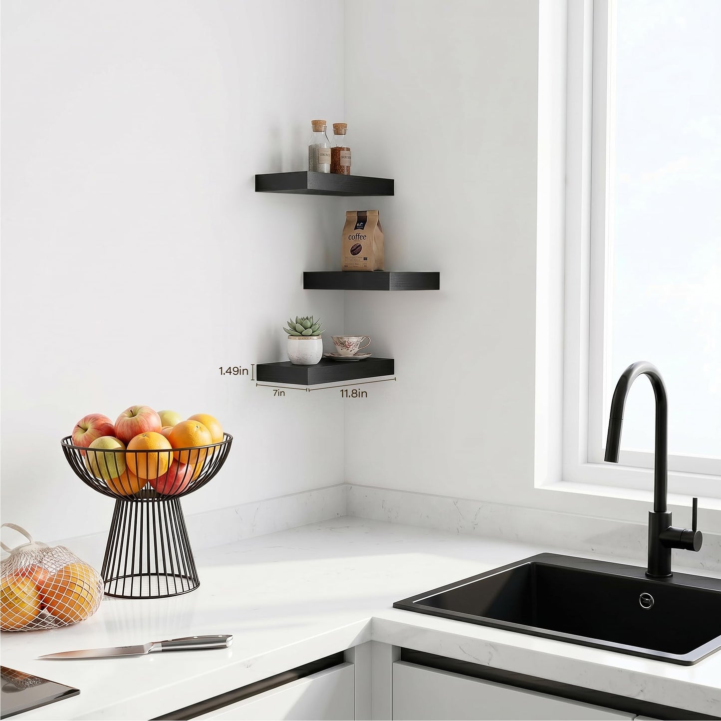Modcraft Black Floating Wall Shelves for wall 3-Pack, 11.8" Small Wall Mounted Shelves, Sturdy Multi-Set Storage & Display for Bathroom Over Toilet, Kitchen, Living Room, Bedroom