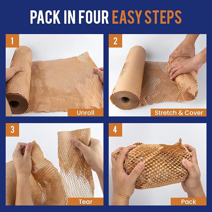 Honeycomb Packing Paper 15" x 300ft with Rope & 20 Fragile Stickers|Shipping & Moving Supplies|Small Business Packaging Supplies|Eco Friendly Bubble Wrap Packing Boxes for Moving Certified FSC C204227