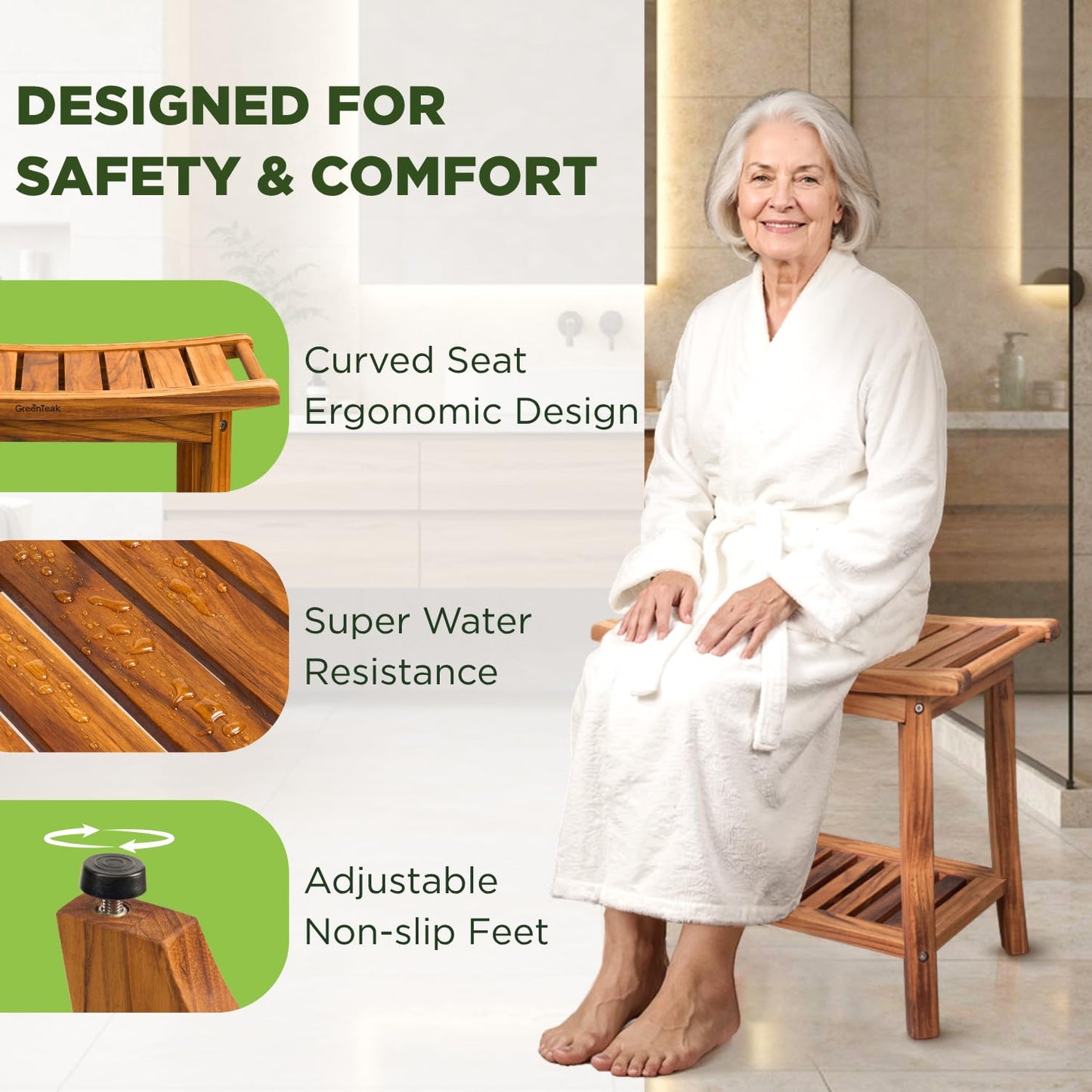 GREENTEAK Premium 22" Teak Wood Shower Bench with Shelf, 2-Tier Waterproof Teak Shower Stool, Non-Slip Feet for Enhanced Safety, Spa Bath Seat for Bathroom, Indoor & Outdoor Use, 300 lb Capacity