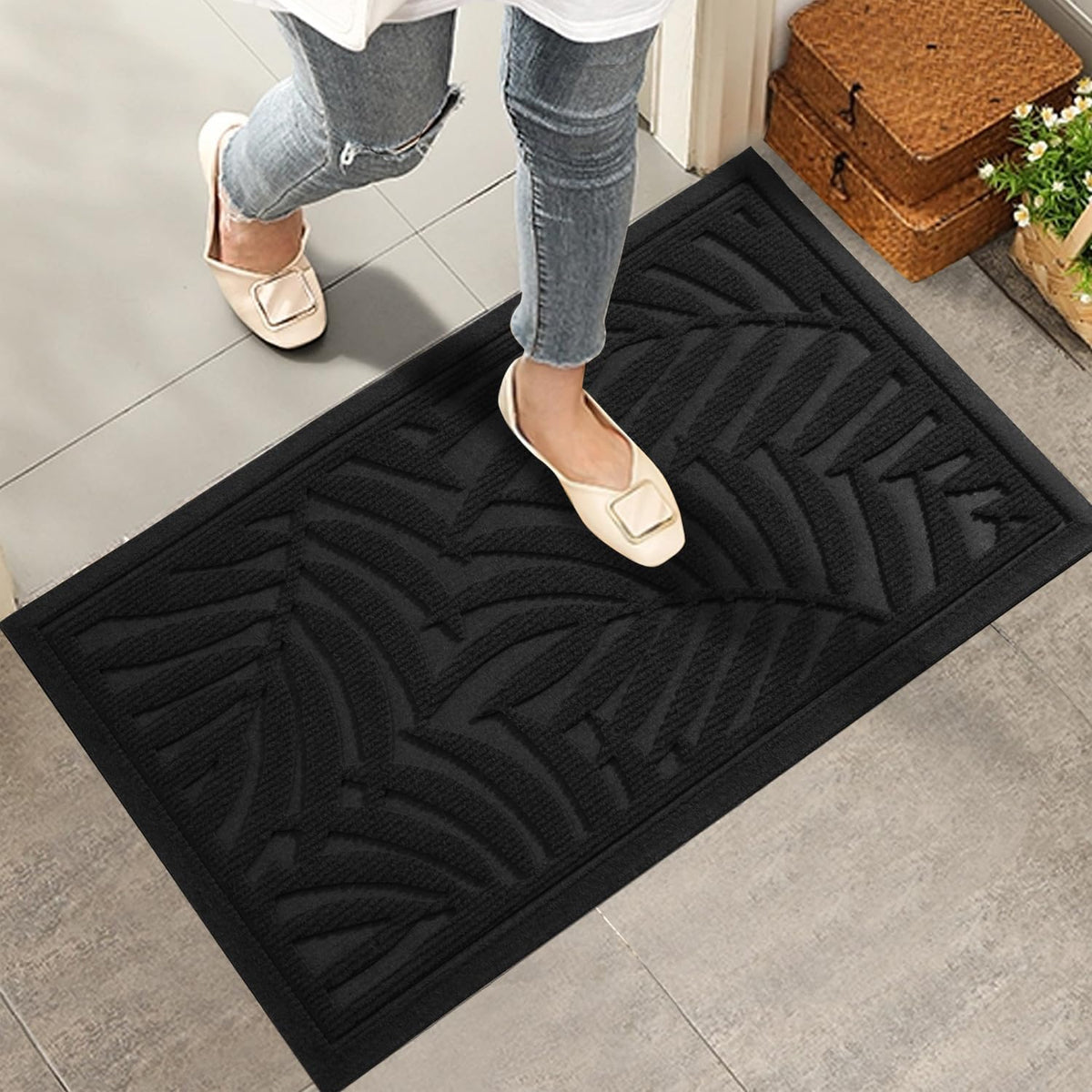 Front Door Mat, Absorbent Resist Dirt Welcome Door Mat Indoor Outdoor, Waterproof Doormat, Sturdy Non Slip Backing, Fade Resistant, Low Profile Entry Mat for Entryway, 29Ã17, Black